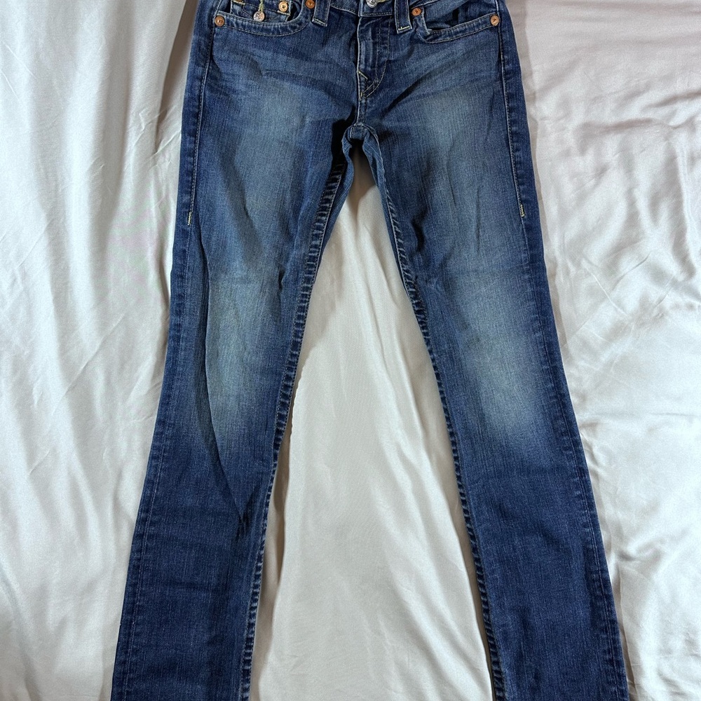 VINTAGE True Religion Women's Slim Straight Jeans Size 28 White Contrast Stitch